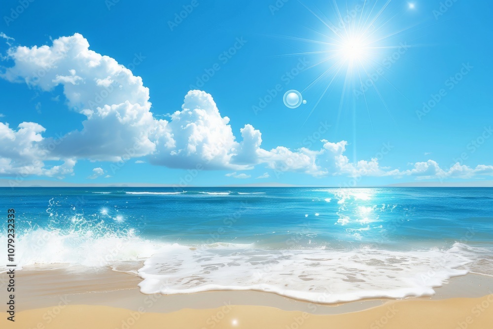 Fototapeta premium Tranquil Tropical Seascape: Pristine Beach, Serene Ocean, and Radiant Sky