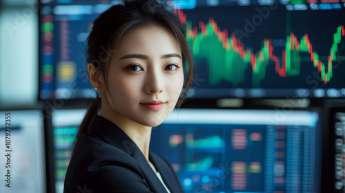 Young woman in a professional suit stands confidently in front of financial graphs on computer screens. Concept of finance and business expertise.