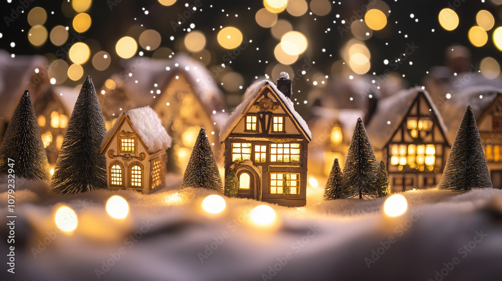 Fototapeta premium Cozy Snowy Village at Night with Christmas Lights