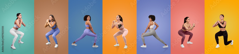 A group of women demonstrates different squat exercises in stylish workout attire. Each participant showcases a unique form, highlighting fitness and strength against vibrant backdrops. A group of women demonstrates different squat exercises in stylish workout attire. Each participant showcases a unique form, highlighting fitness and strength against vibrant backdrops.
