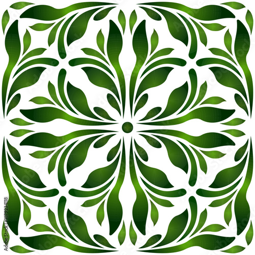 Green leaves mosaic seamless pattern on white background. Folk floral vector illustration. Ethnic paisley ornament. Stylized summer fresh greenery. Fantasy plant background for your design project.