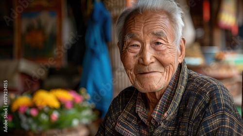 Surrounded by a spectrum of backgrounds, a dignified Asian elder's confident stance exudes a timeless elegance and poise