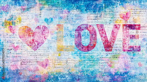 Wallpaper Mural A vibrant display featuring the word love in large letters, adorned with hearts against an abstract, colorful textured backdrop that conveys warmth and emotion Torontodigital.ca