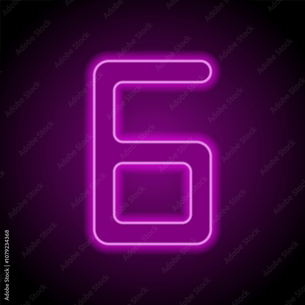 Number six, numeral simple icon vector. Flat design. Purple neon on black background