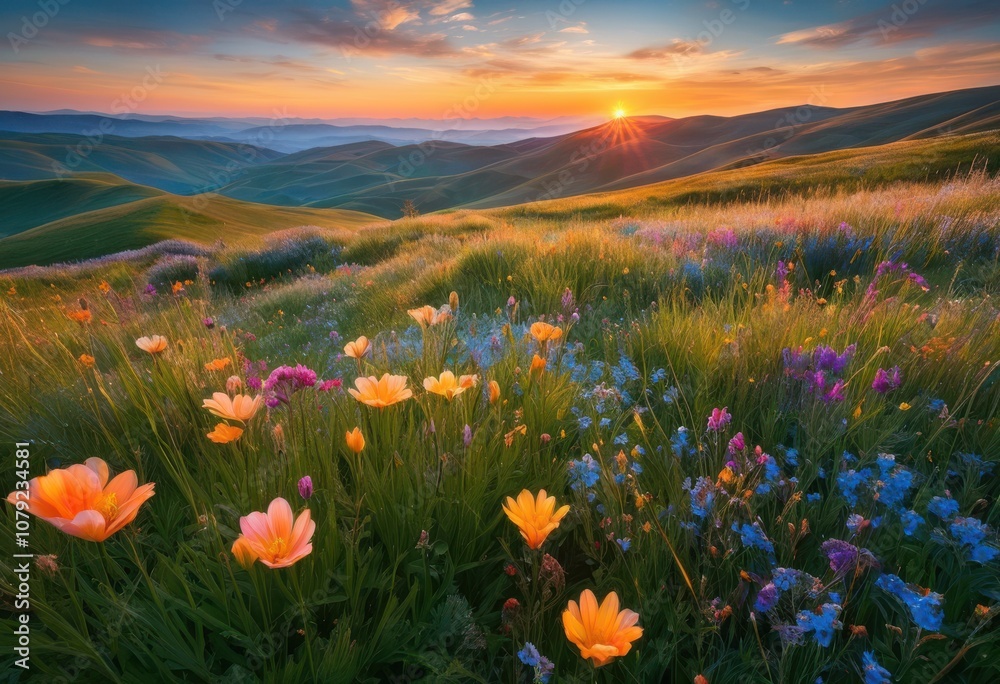 Fototapeta premium majestic sunrise over vibrant meadows rolling radiating colorful blooms fresh dew kissed grass beneath clear sky, blossom, flower, flora, garden, landscape