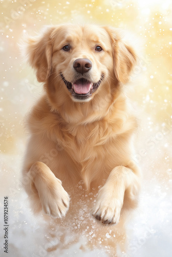 Happy golden retriever jumping joyfully in soft snow during a winter day