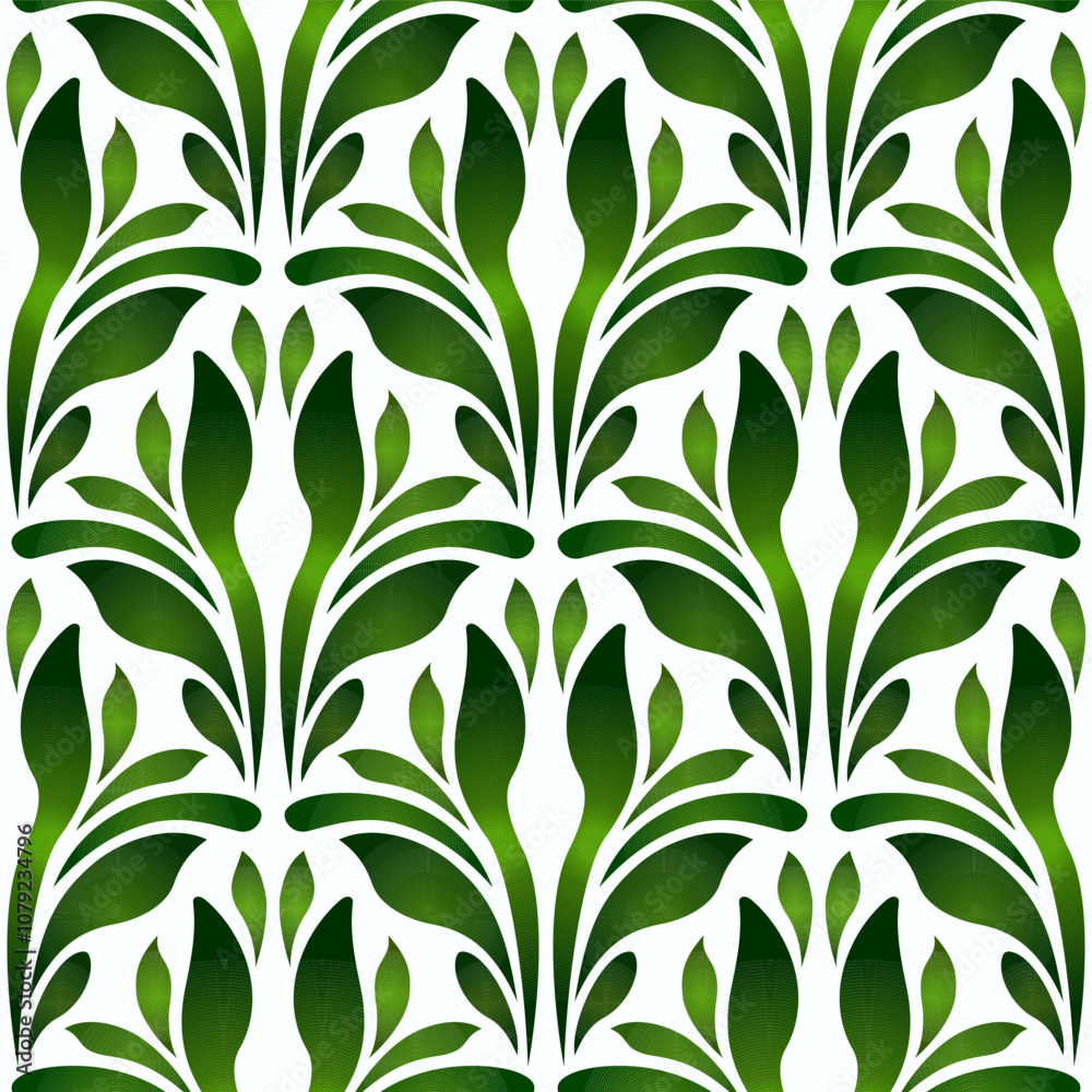 Green leaves design seamless pattern on white background. Spring floral vector illustration. Ethnic paisley ornament. Mosaic tile with plant design. Fantasy curved shapes for textile, wallpaper, etc Green leaves design seamless pattern on white background. Spring floral vector illustration. Ethnic paisley ornament. Mosaic tile with plant design. Fantasy curved shapes for textile, wallpaper, etc
