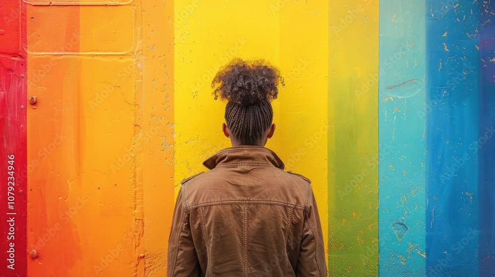 Obraz premium Surrounded by dynamic hues, a resilient LGBTQ scholar's joyful smile embodies their celebration of love and acceptance