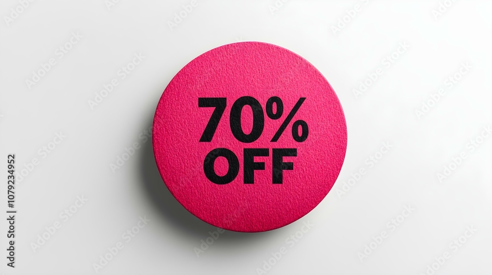 Black '70% OFF' Text on a Dark Red Round Paper Note. White Background with Copy Space Black '70% OFF' Text on a Dark Red Round Paper Note. White Background with Copy Space