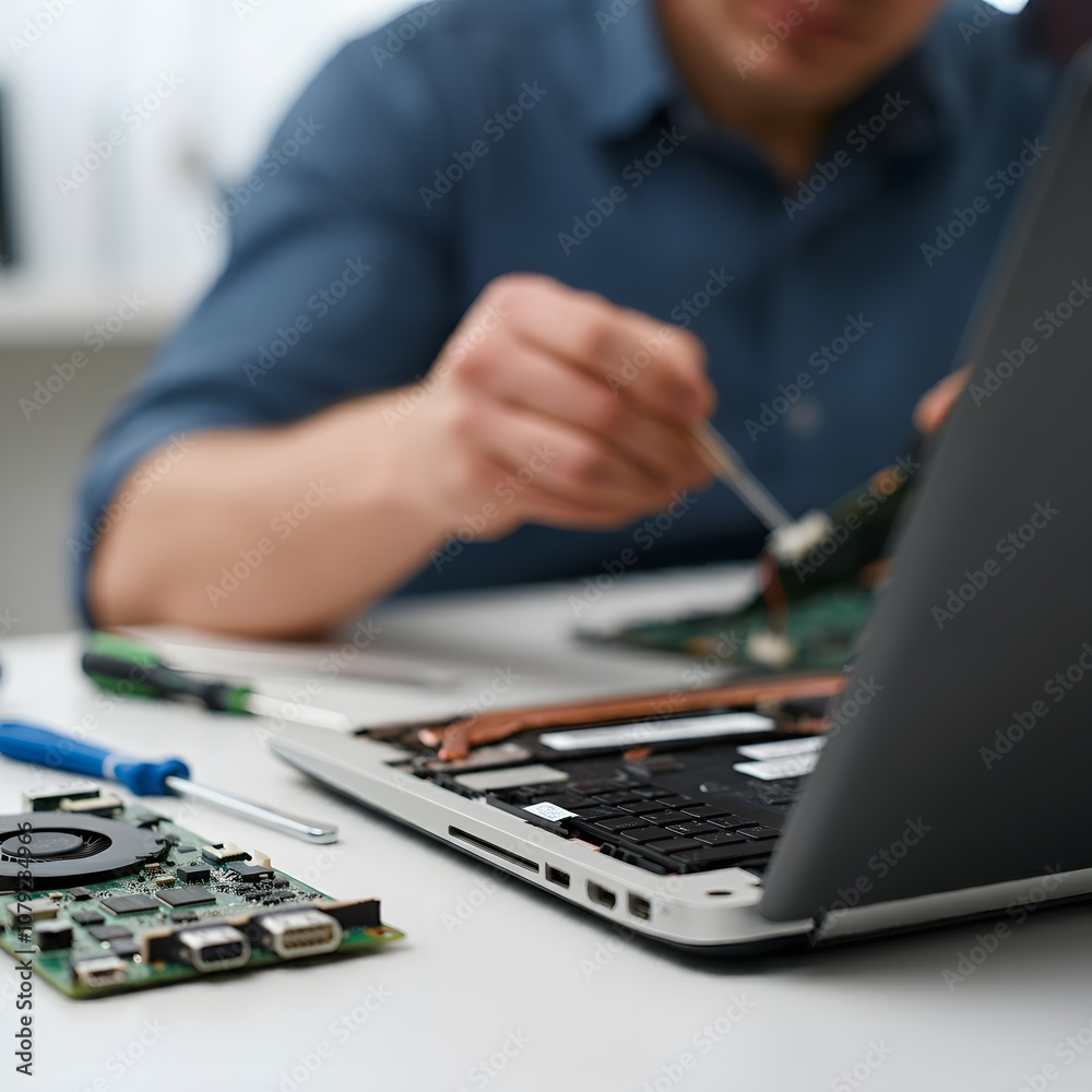 Technician repairing a laptop with tools on the table, captured in hyper-realistic 4K HDR detail. Close-up view of the open laptop, showing the intricate motherboard and components. Keywords: laptop r Technician repairing a laptop with tools on the table, captured in hyper-realistic 4K HDR detail. Close-up view of the open laptop, showing the intricate motherboard and components. Keywords: laptop r