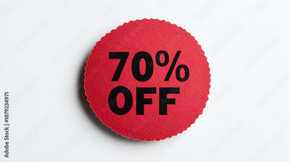 Black '70% OFF' Text on a Dark Red Round Paper Note. White Background with Copy Space Black '70% OFF' Text on a Dark Red Round Paper Note. White Background with Copy Space