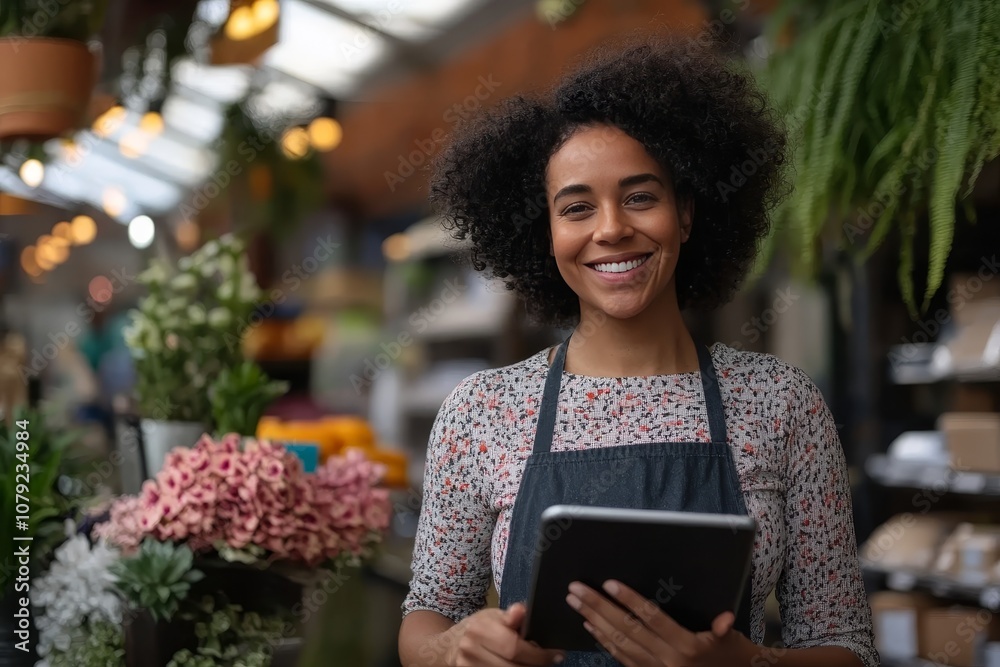 Florist smiling and holding tablet in flower shop
