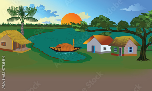 Peaceful village landscape vector illustration with traditional houses, river, boat and sunset. Serene countryside nature scene artwork
