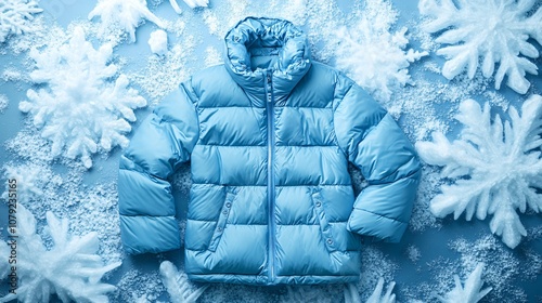 Knee-length puffer coat in sky blue, isolated with falling snow and subtle, snowy branches around it photo