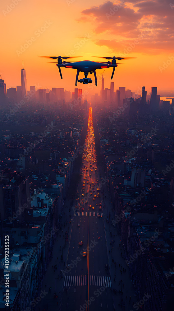 Aerial view of a city skyline with a drone flying ominously above, creating a futuristic and slightly eerie atmosphere. The drone’s presence over the sprawling urban landscape emphasizes the intersect Aerial view of a city skyline with a drone flying ominously above, creating a futuristic and slightly eerie atmosphere. The drone’s presence over the sprawling urban landscape emphasizes the intersect