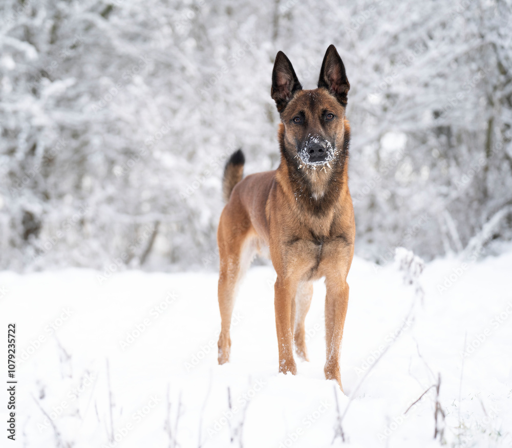 Naklejka premium Belgian malinois in the winter snow