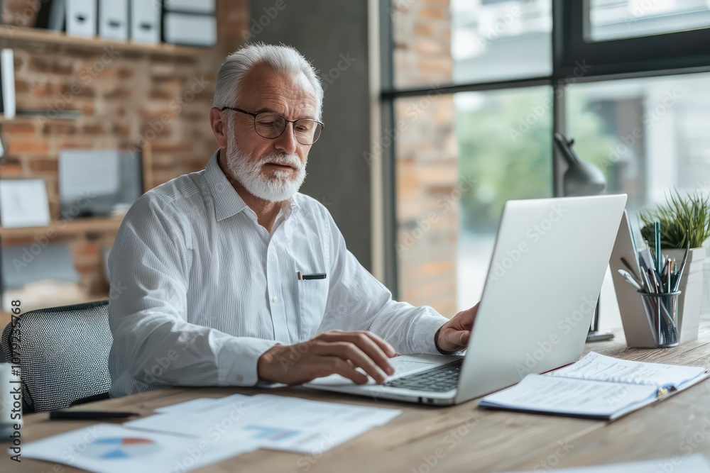 Busy older business man executive using computer in office. Mature entrepreneur sitting at desk working on project, checking financial reports on laptop Busy older business man executive using computer in office. Mature entrepreneur sitting at desk working on project, checking financial reports on laptop