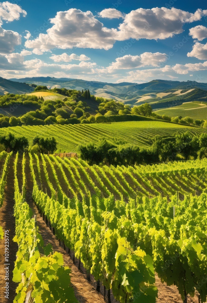 lush vineyard landscape showcasing sunlit rows grapevines under bright blue sky surrounded rolling green hills, sunlight, farmland, fields, nature, orchard lush vineyard landscape showcasing sunlit rows grapevines under bright blue sky surrounded rolling green hills, sunlight, farmland, fields, nature, orchard