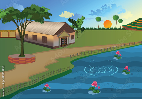 Scenic village landscape vector illustration - Peaceful countryside scene with traditional houses, pond with lotus flowers, sunset sky and greenery in the background.
