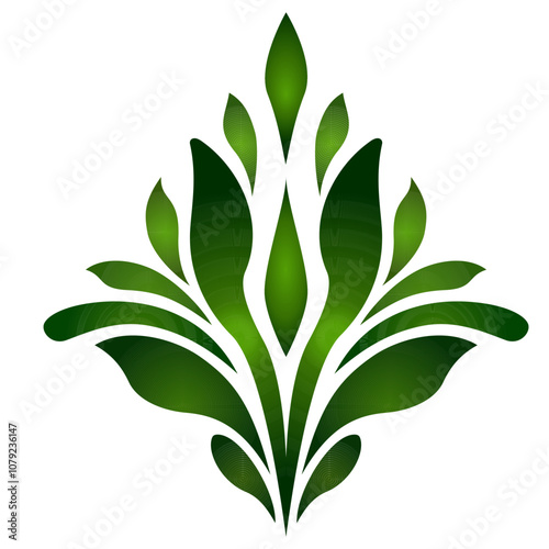 Graceful green leaves design element on white background. Folk floral vector illustration. Ethnic paisley ornament. Stylized juicy fresh greenery. Fantasy geometric shapes for decor clothes, home, etc