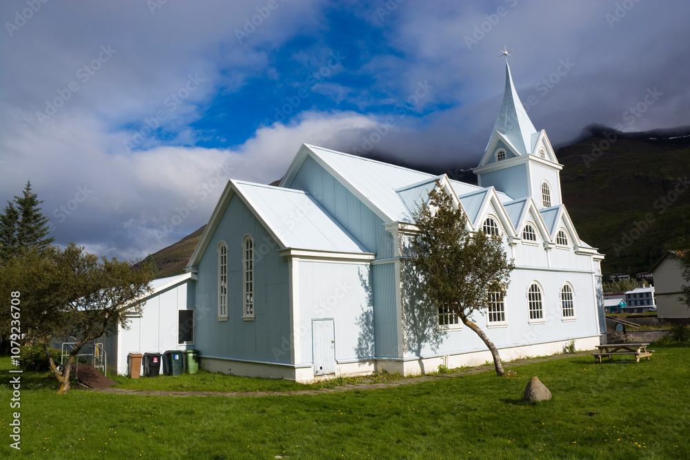 Blue Church in the enchanting town of Seydisfjordur in East Iceland