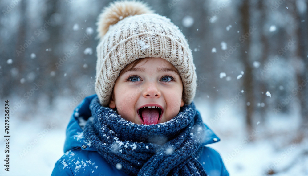 A young boy bundled in a knit hat and scarf, catching snowflakes on his tongue, smiling joyfully in a snowy winter setting. A young boy bundled in a knit hat and scarf, catching snowflakes on his tongue, smiling joyfully in a snowy winter setting.