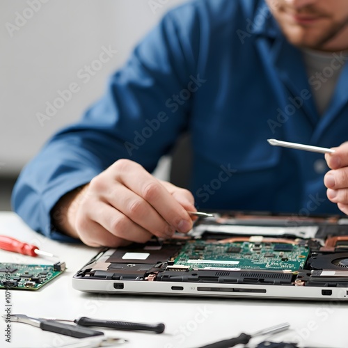 Technician repairing a laptop with tools on the table, captured in hyper-realistic 4K HDR detail. Close-up view of the open laptop, showing the intricate motherboard and components. Keywords: laptop r