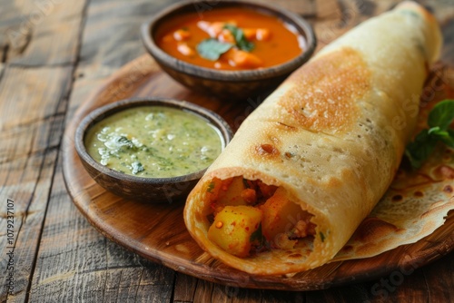 Delicious Indian Dosa with Spicy Chutney and Curry