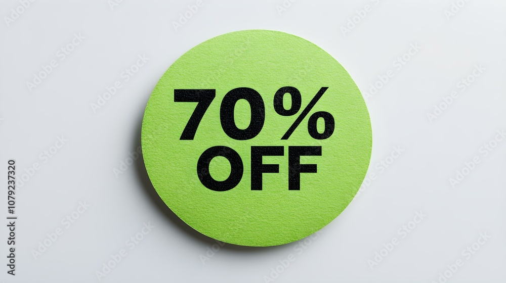 Black '70% OFF' Text on a Green Round Paper Note. White Background with Copy Space Black '70% OFF' Text on a Green Round Paper Note. White Background with Copy Space