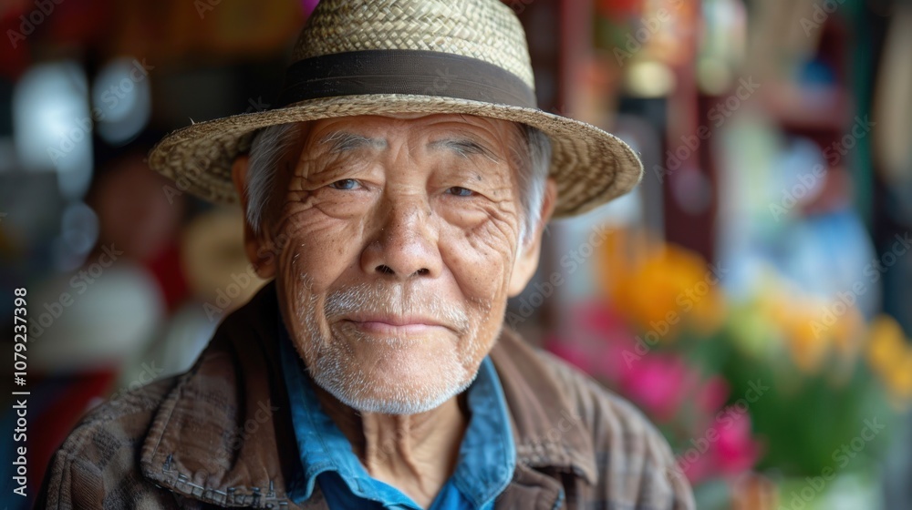 Surrounded by a spectrum of backgrounds, a dignified Asian elder's confident stance exudes a timeless elegance and poise Surrounded by a spectrum of backgrounds, a dignified Asian elder's confident stance exudes a timeless elegance and poise