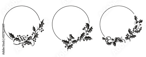 Christmas holly botanical frames. Flat illustration border with black leaves and berries on white background. Black line circle with plant wreath. Vector image.