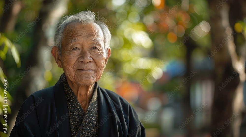 Surrounded by a spectrum of backgrounds, a dignified Asian elder's confident stance exudes a timeless elegance and poise Surrounded by a spectrum of backgrounds, a dignified Asian elder's confident stance exudes a timeless elegance and poise