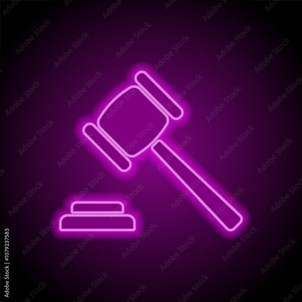 Judge gavel simple icon vector. Flat design. Purple neon on black background Judge gavel simple icon vector. Flat design. Purple neon on black background