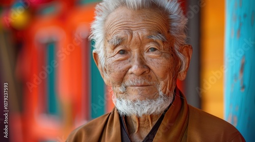 Surrounded by a spectrum of backgrounds, a dignified Asian elder's confident stance exudes a timeless elegance and poise