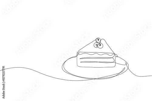 Single continuous line drawing of stylized cut sliced cake with blueberry fruit topping art. Vector sweet birthday party dessert minimalism concept