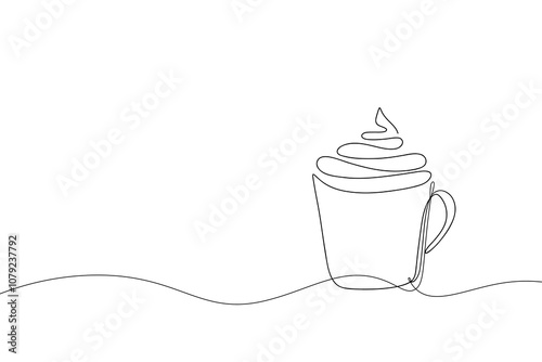 Single one line drawing chocolate drink in a mug. Hot cocoa with whipped cream in cup. Winter warm beverages concept. Continuous sketch vector illustration