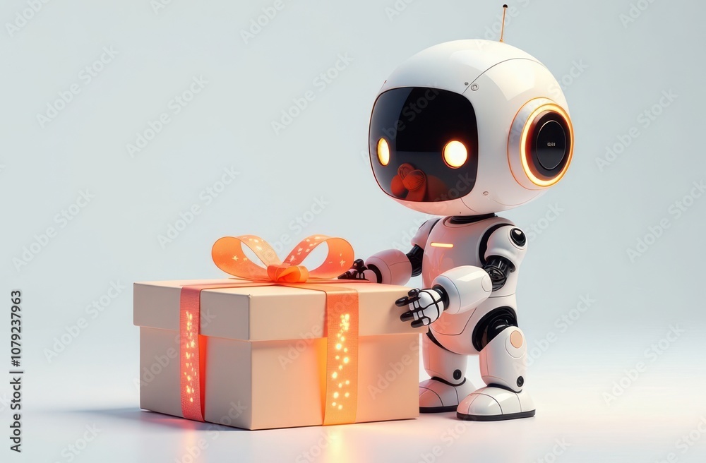 Naklejka premium white robot with gift box - whimsical heartwarming kindness