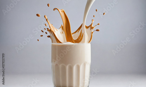 Milk is poured into a glass of coffee, creating a dramatic splash