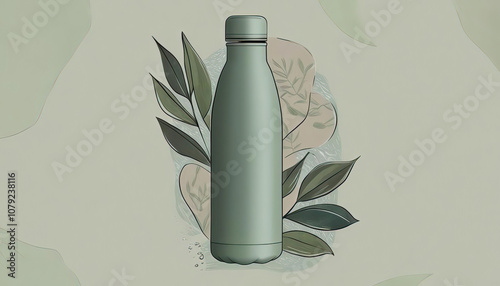 Eco-friendly water bottle design natural setting graphic illustration minimalist aesthetics product focus sustainability concept photo