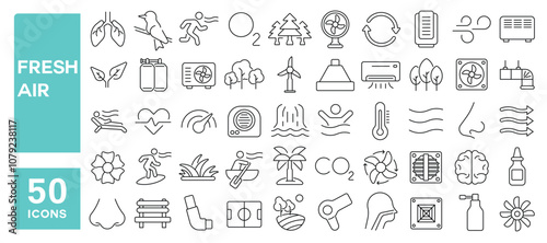 Set of 50 line icons related to fresh air, oxygen, breath, wind, conditioner, fan, blow, flow, cool, air, Editable stroke. Vector illustration
