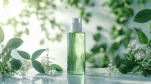 A bottle of green liquid is sitting on a table next to some green leaves. The bottle is clear and has a white cap. The leaves are fresh and green, and they are scattered around the bottle