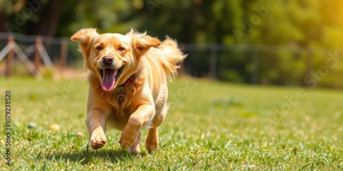 Golden retriever bounding gleefully towards a yellow tennis ball in a lush green field, with plenty of copy space, energetic, fun photo