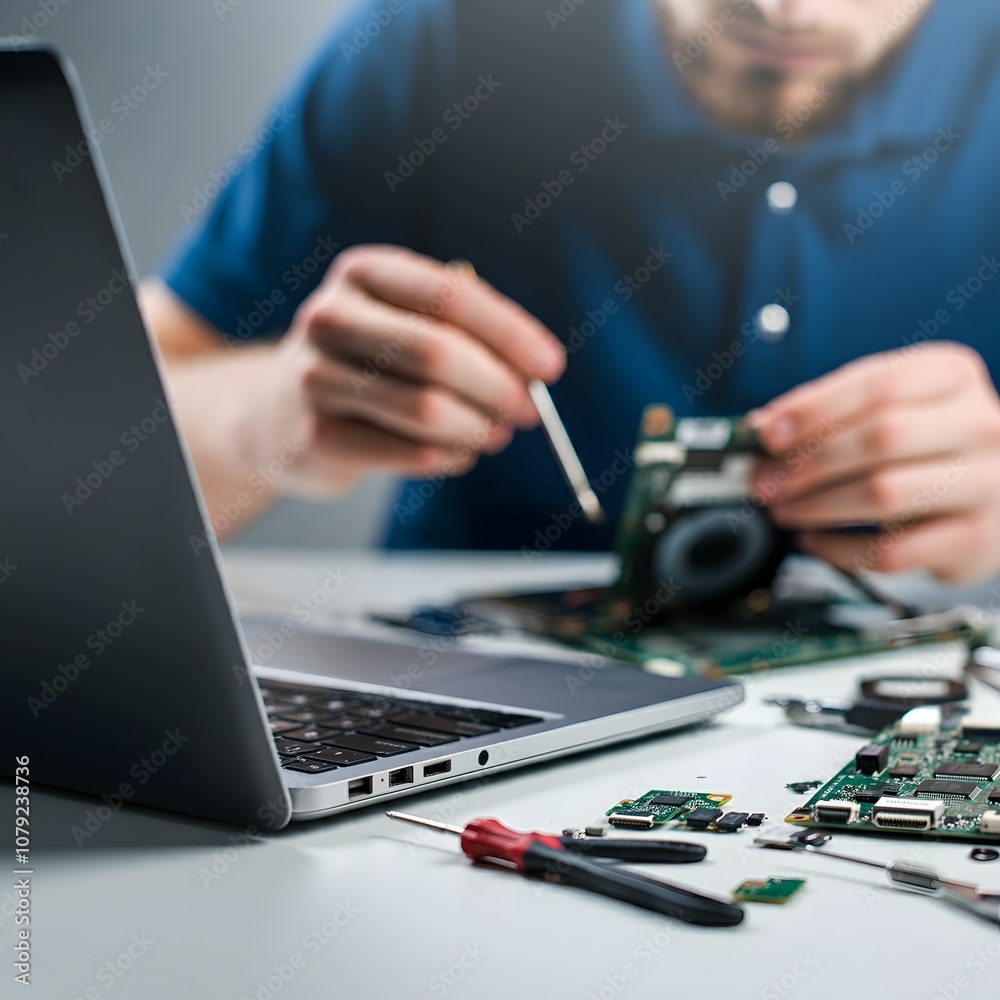 Technician repairing a laptop with tools on the table, captured in hyper-realistic 4K HDR detail. Close-up view of the open laptop, showing the intricate motherboard and components. Keywords: laptop r Technician repairing a laptop with tools on the table, captured in hyper-realistic 4K HDR detail. Close-up view of the open laptop, showing the intricate motherboard and components. Keywords: laptop r