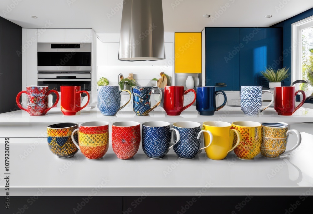 vibrant collection colorful coffee mugs sleek modern kitchen countertop contemporary design elements, ceramic, handle, tableware, kitchenware, surface vibrant collection colorful coffee mugs sleek modern kitchen countertop contemporary design elements, ceramic, handle, tableware, kitchenware, surface