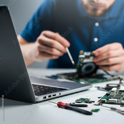 Technician repairing a laptop with tools on the table, captured in hyper-realistic 4K HDR detail. Close-up view of the open laptop, showing the intricate motherboard and components. Keywords: laptop r
