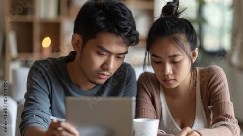 Wallpaper Mural Young Asian couple, heads down, feeling the pressure of rising living costs and debt Torontodigital.ca