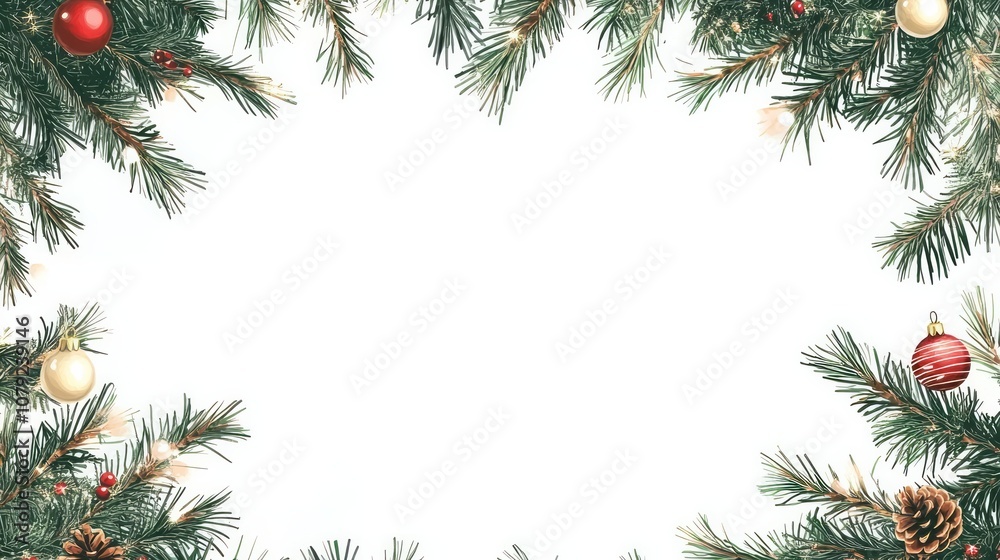 Seamless vector decoration isolated on white. Christmas tree frame, garland with ornaments stock illustration Seamless vector decoration isolated on white. Christmas tree frame, garland with ornaments stock illustration