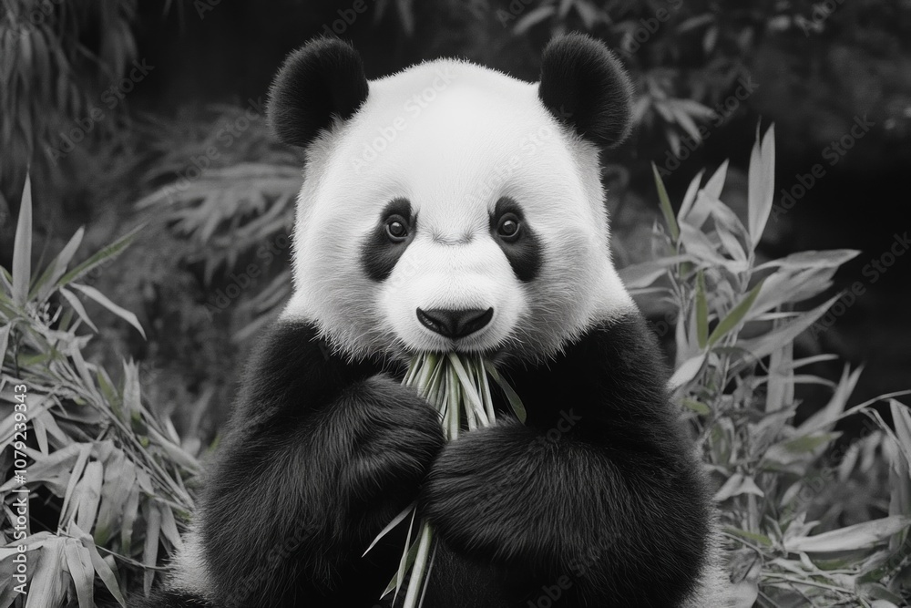 Fototapeta premium A panda bear enjoys bamboo in a lush green forest under soft natural light, highlighting its elegant black-and-white fur