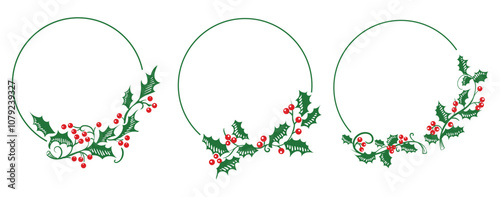 Christmas holly botanical frames. Flat illustration border with green leaves and red berries on white background. Green line circle with plant wreath. Vector image.