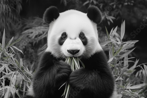 A panda bear enjoys bamboo in a lush green forest under soft natural light, highlighting its elegant black-and-white fur photo